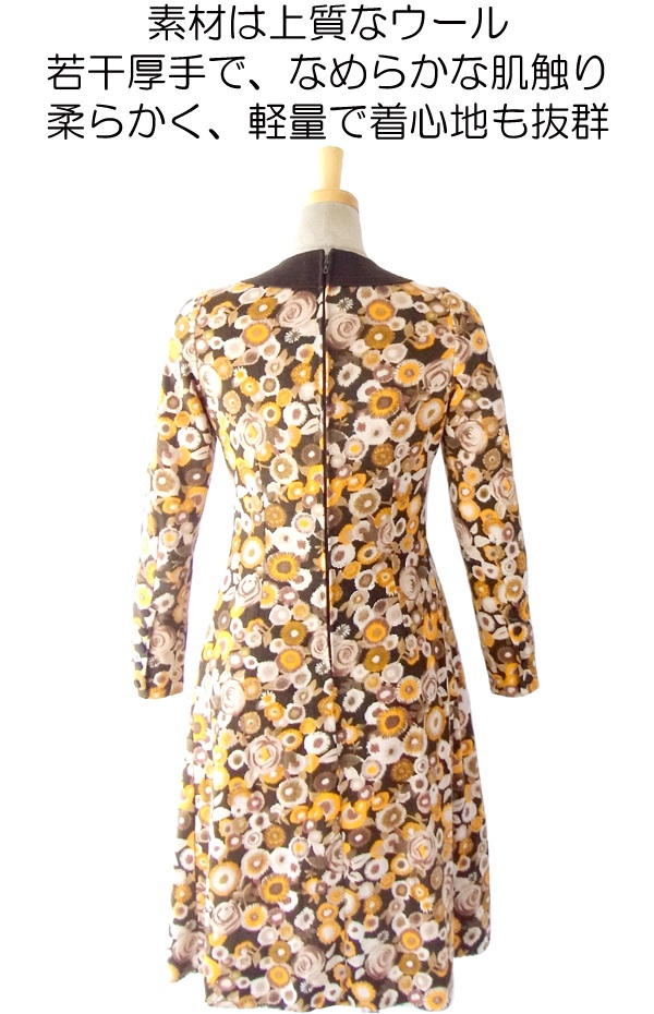ヨーロッパ古着 フランス買い付け ６０年代製 ブラン・オレンジ 花柄 ヴィンテージ レトロ ウール ワンピース 14FC516