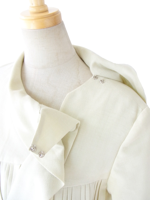 ヨーロッパ古着 ６０年代フランス製 アイボリー たっぷりプリーツ スカーフタイデザイン ヴィンテージ ワンピース 14FC514