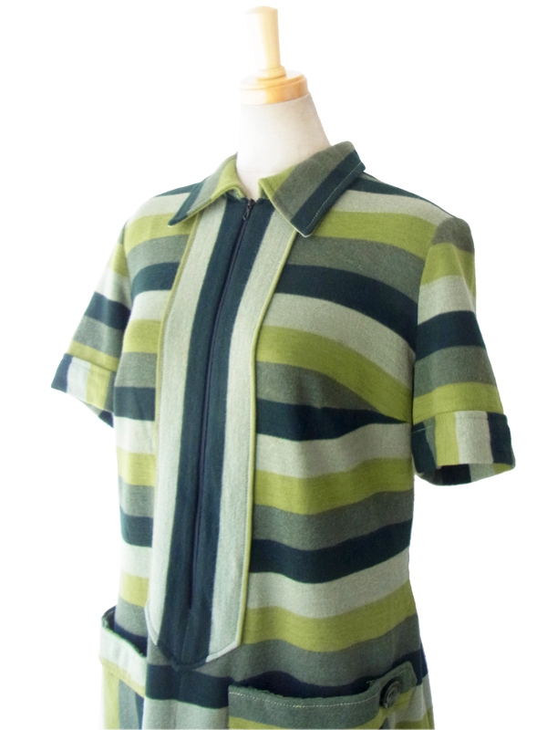 ヨーロッパ古着 フランス買い付け モスグリーン・カーキ X ボーダー フロントジップ ヴィンテージ ワンピース 14FC515