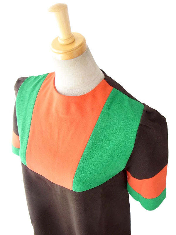 ヨーロッパ古着 フランス買い付け ６０年代製 チョコレート オレンジ・グリーン ヴィンテージ チュニック 14FC517