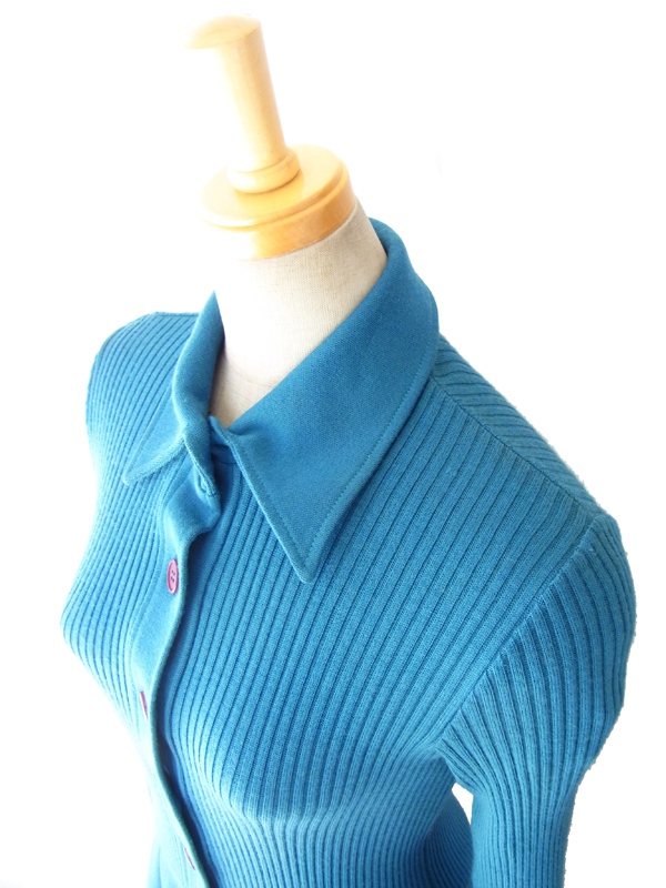 ヨーロッパ古着 ６０年代フランス製 シアンブルー リブ編み レトロデザイン ヴィンテージ ワンピース 14FC518