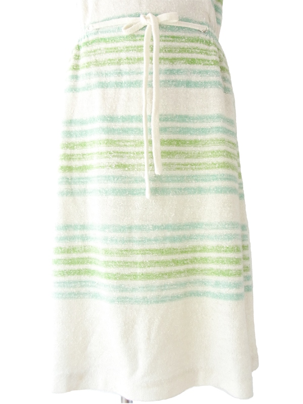 ヨーロッパ古着 フランス買い付け ６０年代製 ホワイト X 水色・グリーン ボーダー タオル地 ヴィンテージ ワンピース 14FC519