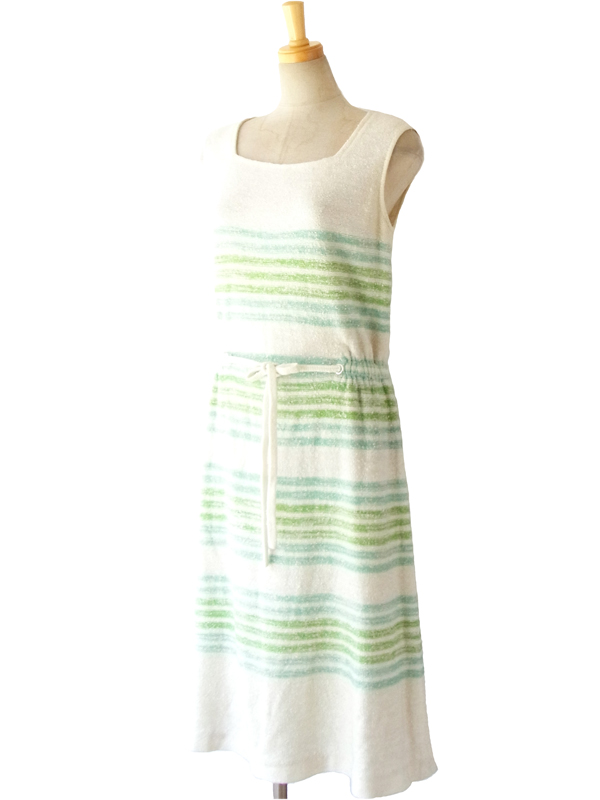 ヨーロッパ古着 フランス買い付け ６０年代製 ホワイト X 水色・グリーン ボーダー タオル地 ヴィンテージ ワンピース 14FC519