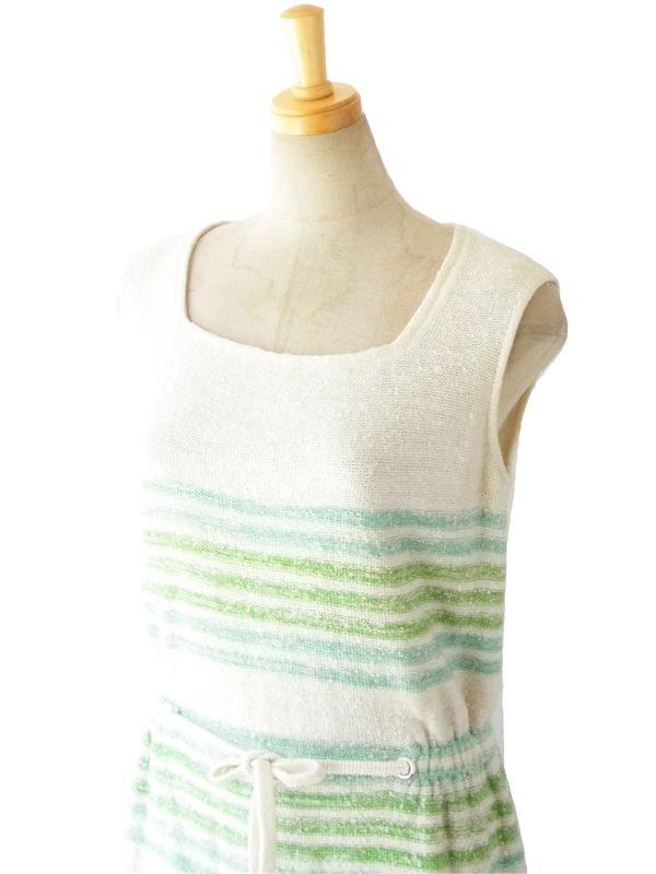 ヨーロッパ古着 フランス買い付け ６０年代製 ホワイト X 水色・グリーン ボーダー タオル地 ヴィンテージ ワンピース 14FC519