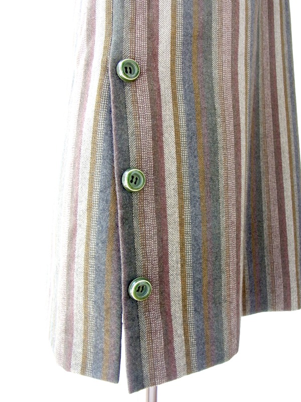 ヨーロッパ古着 フランス買い付け ６０年代製 カーキ・ブラウン X ストライプ ヴィンテージ ウール ワンピース