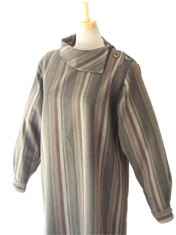 ヨーロッパ古着 フランス買い付け ６０年代製 カーキ・ブラウン X ストライプ ヴィンテージ ウール ワンピース