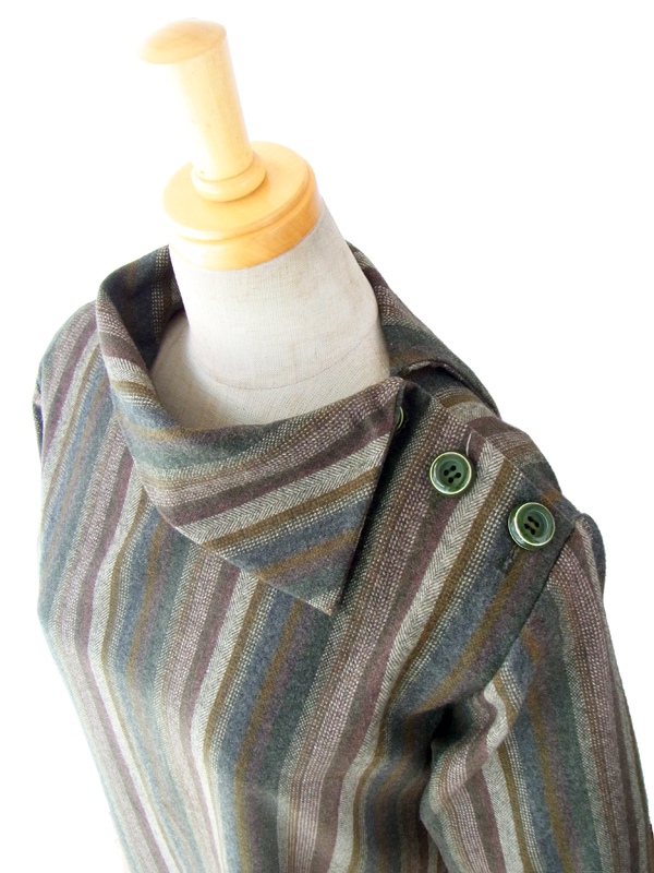 ヨーロッパ古着 フランス買い付け ６０年代製 カーキ・ブラウン X ストライプ ヴィンテージ ウール ワンピース