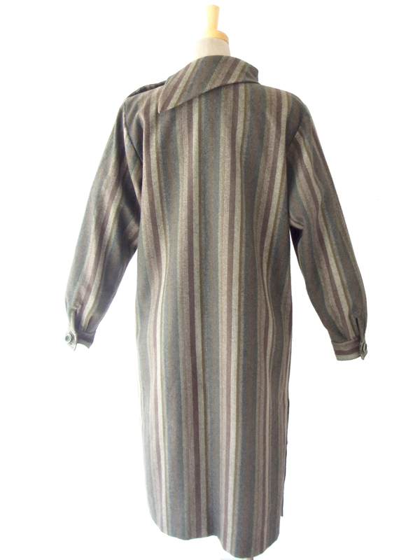 ヨーロッパ古着 フランス買い付け ６０年代製 カーキ・ブラウン X ストライプ ヴィンテージ ウール ワンピース