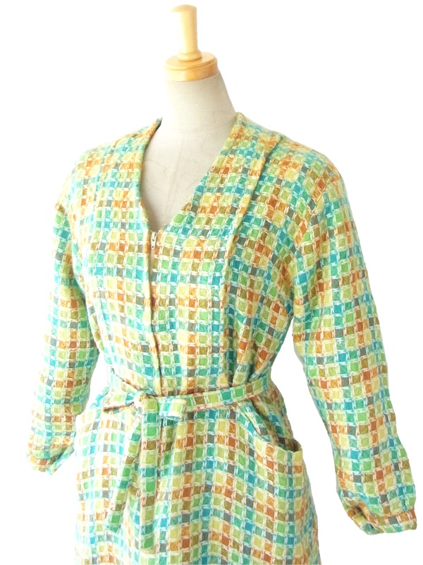 ヨーロッパ古着 フランス買い付け ６０年代製 黄緑・ブルー・ブラウン チェック柄 ツイードウール ワンピース14FC522