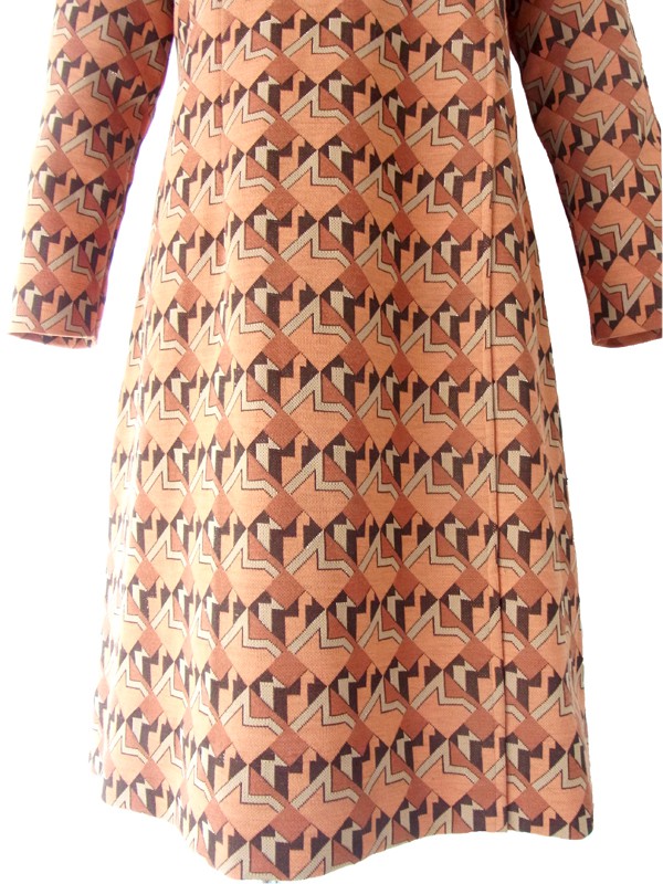 ヨーロッパ古着 フランス買い付け ６０年代製 オレンジ・ブラウン X 幾何学プリント ヴィンテージ レトロワンピース14FC523