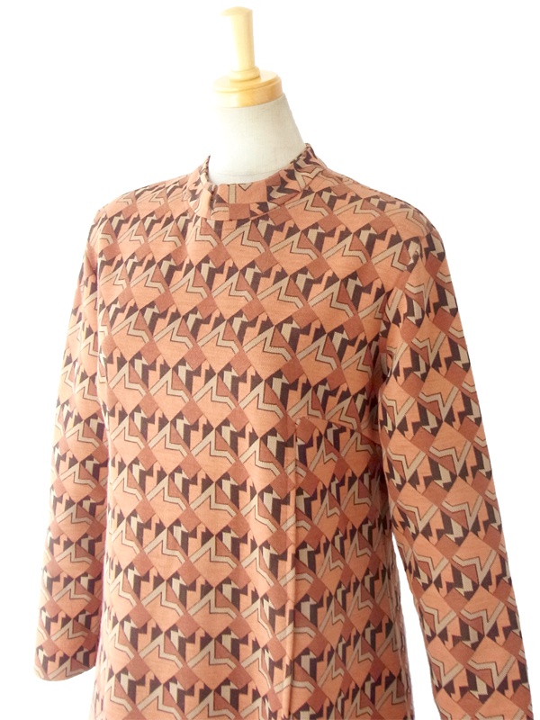 フランス買い付け ６０年代製 オレンジ・ブラウン X 幾何学プリント ヴィンテージ レトロワンピース14FC523