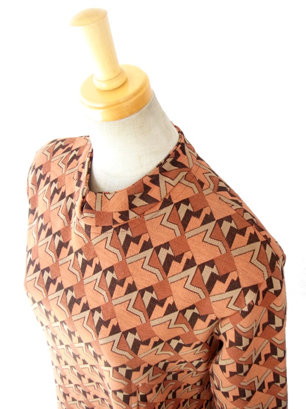 フランス買い付け ６０年代製 オレンジ・ブラウン X 幾何学プリント ヴィンテージ レトロワンピース14FC523