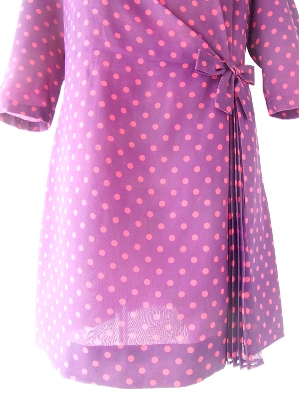 ヨーロッパ古着 ６０年代製 パープル X ピンク水玉 プリーツデザイン リボン付き ヴィンテージ ワンピース 14FC533