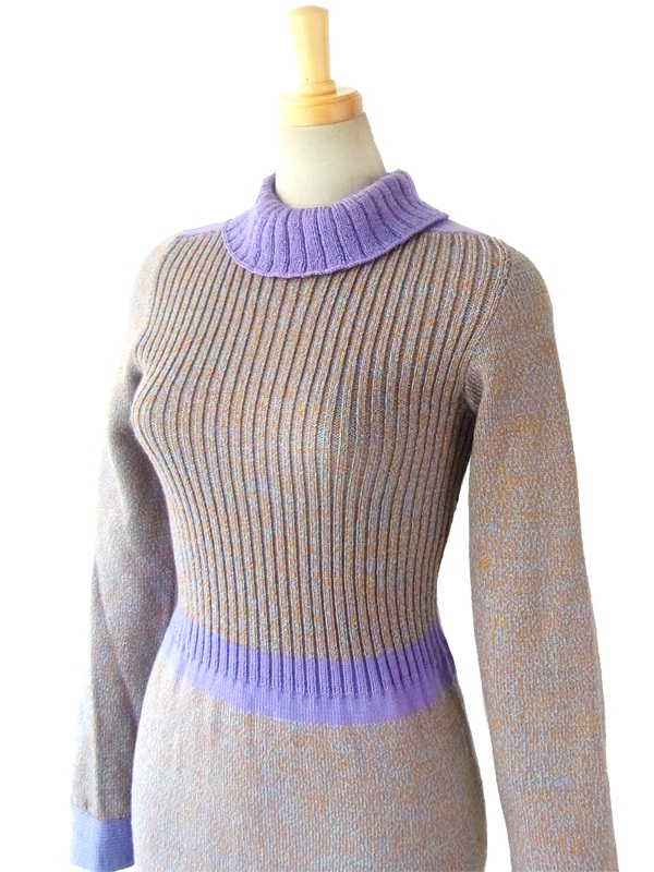 ヨーロッパ古着 フランス買い付け ６０年代製 パープル X 紫・オレンジ・水色 ウール リブニット ワンピース : 14FC606