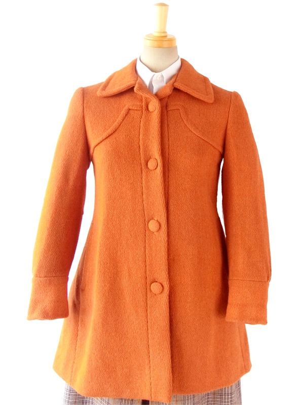ヨーロッパ古着 フランス買い付け 60年代製 きれいなオレンジ X くるみボタン ヴィンテージ ショート丈 ウール コート 14FC722