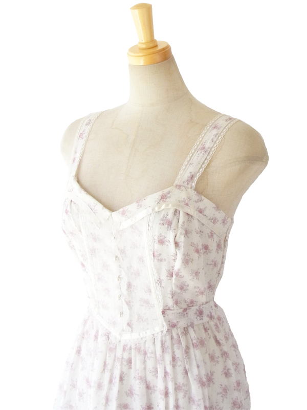 70年代アメリカ製 GUNNE SAX ホワイト ライラック ガーリー花柄 マキシワンピース 14SP102
