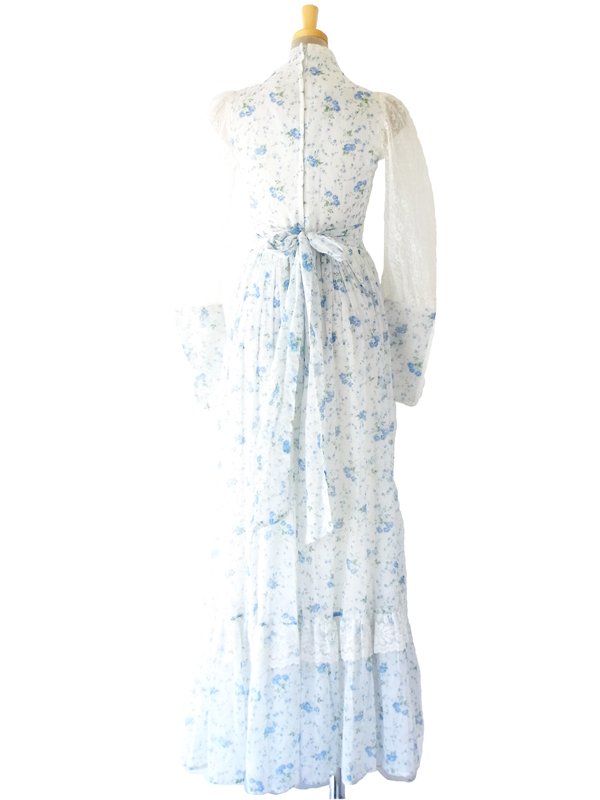 【送料無料】70年代アメリカ製 GUNNE SAX 水色 ガーリー花柄 ヴィンテージ マキシワンピース 14SP103【ガニーサックス】