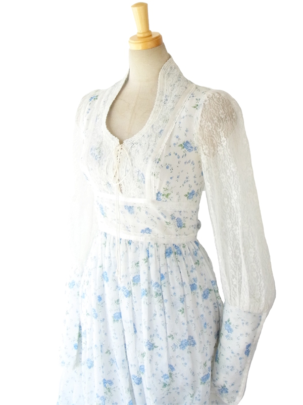 70年代アメリカ製 GUNNE SAX ガニーサックス 水色 ガーリー花柄 ヴィンテージ マキシワンピース 14SP103