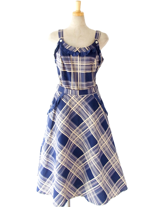 ヨーロッパ古着 ロンドン買い付け 60年代製 ブルー X ベージュ シャドーチェック ヴィンテージ ストラップ ワンピース 15BS011