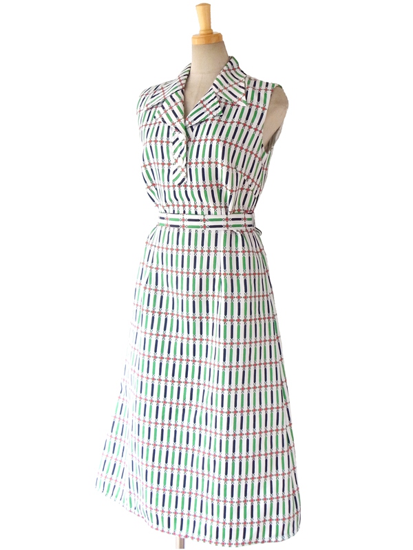ヨーロッパ古着 ロンドン買い付け 70年代製 ホワイト X グリーン・レッド・ブルー 幾何学プリント レトロワンピース 15BS037