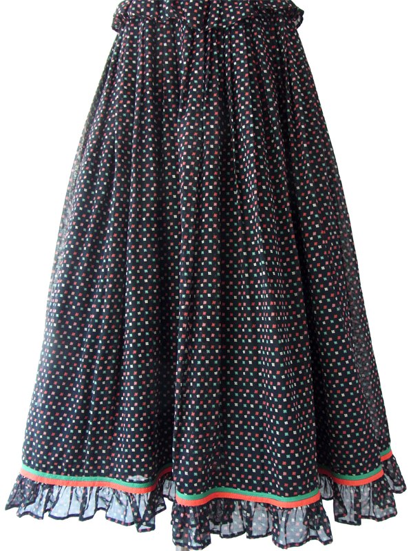 ヨーロッパ古着 イタリア製 ブラック X レッド・グリーン 小花柄 ペプラム ヴィンテージ ストラップ ワンピース 15BS100