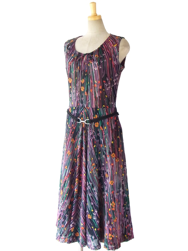ヨーロッパ古着 ロンドン買い付け 60年代製 シックなブラック X カラフル花柄 ベルト付き　ヴィンテージ ワンピース 15BS116