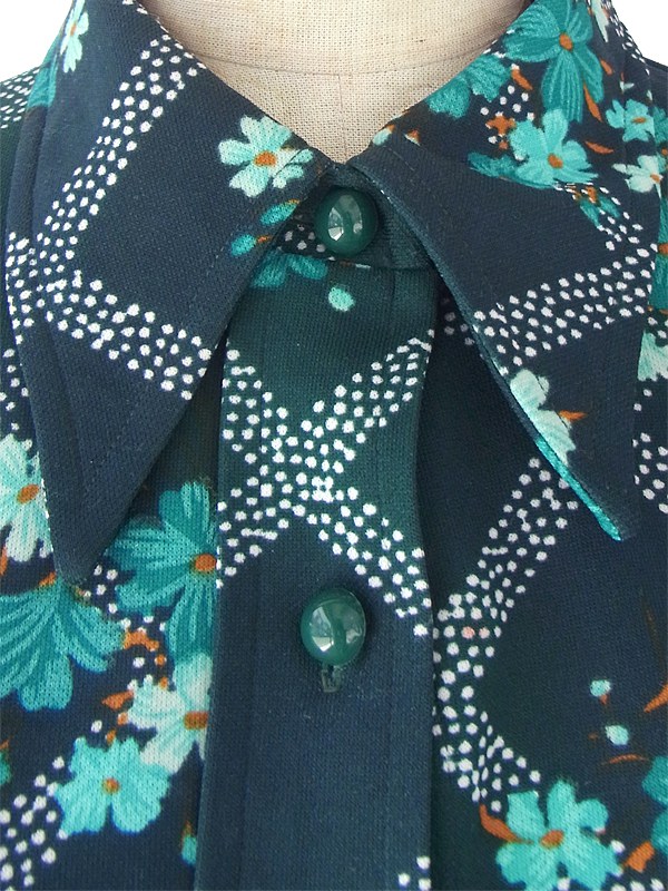 ヨーロッパ古着 ロンドン買い付け 60年代製 グリーン X ブルー花柄 きれいなシルエットのヴィンテージ ワンピース 15BS235