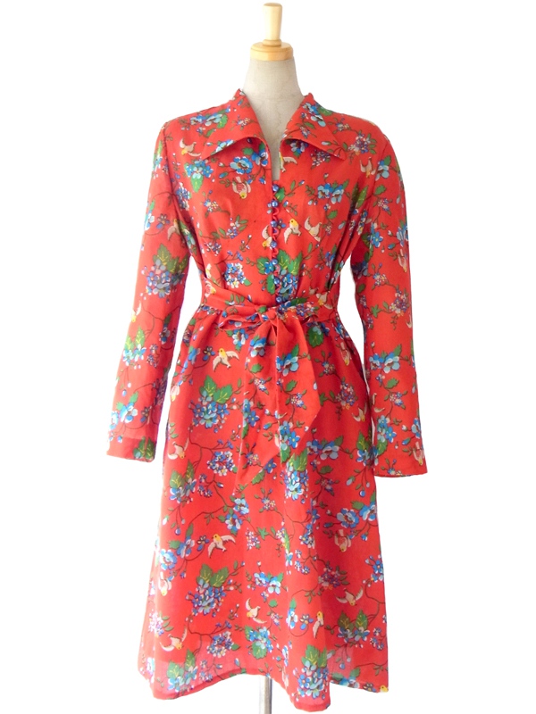 ヨーロッパ古着 ロンドン買い付け 60年代製 レッド X 可愛らしい小鳥とお花のプリント ヴィンテージ ワンピース 15BS236