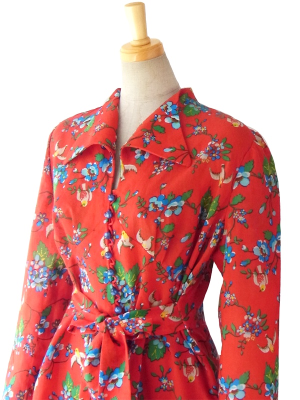 ヨーロッパ古着 ロンドン買い付け 60年代製 レッド X 可愛らしい小鳥とお花のプリント ヴィンテージ ワンピース 15BS236