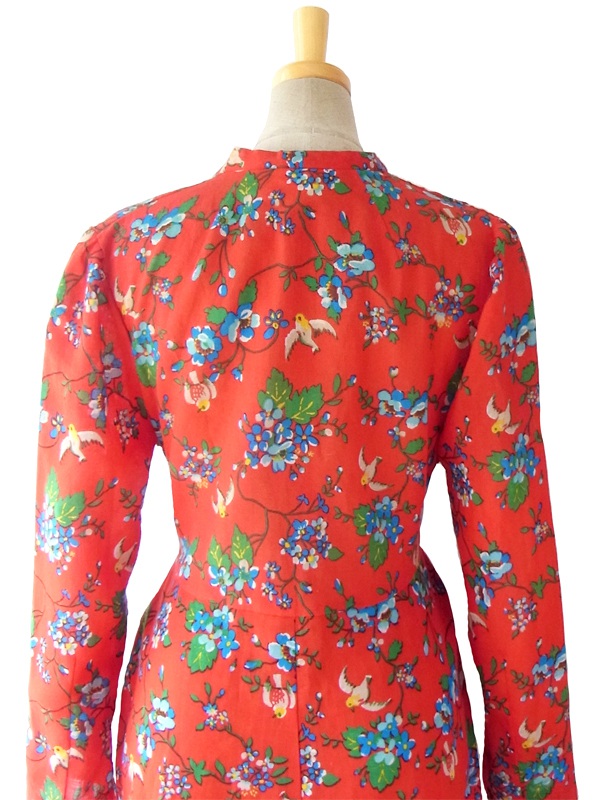 ヨーロッパ古着 ロンドン買い付け 60年代製 レッド X 可愛らしい小鳥とお花のプリント ヴィンテージ ワンピース 15BS236