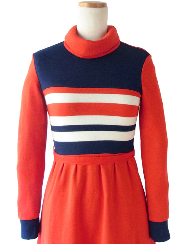 ヨーロッパ古着 ロンドン買い付け 60年代製 トリコロール ロールネック ヴィンテージ ワンピース 15BS401