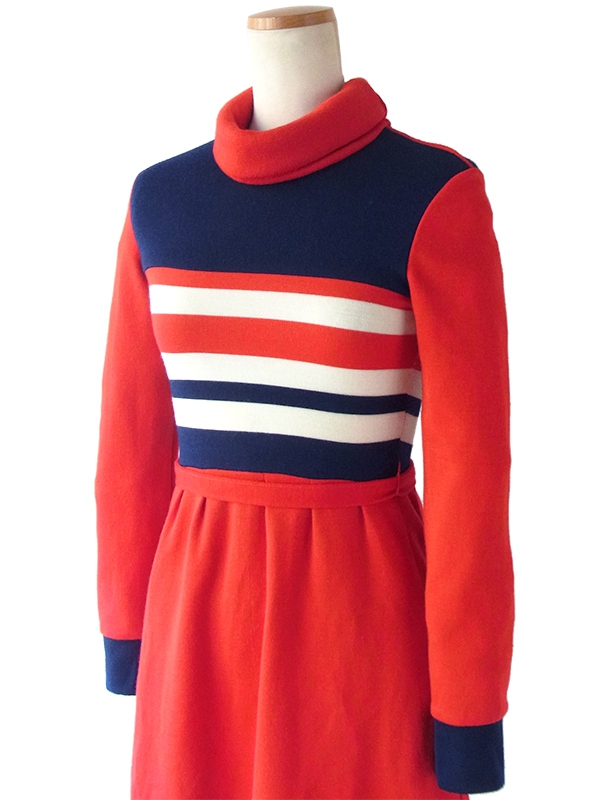 ヨーロッパ古着 ロンドン買い付け 60年代製 トリコロール ロールネック ヴィンテージ ワンピース 15BS401