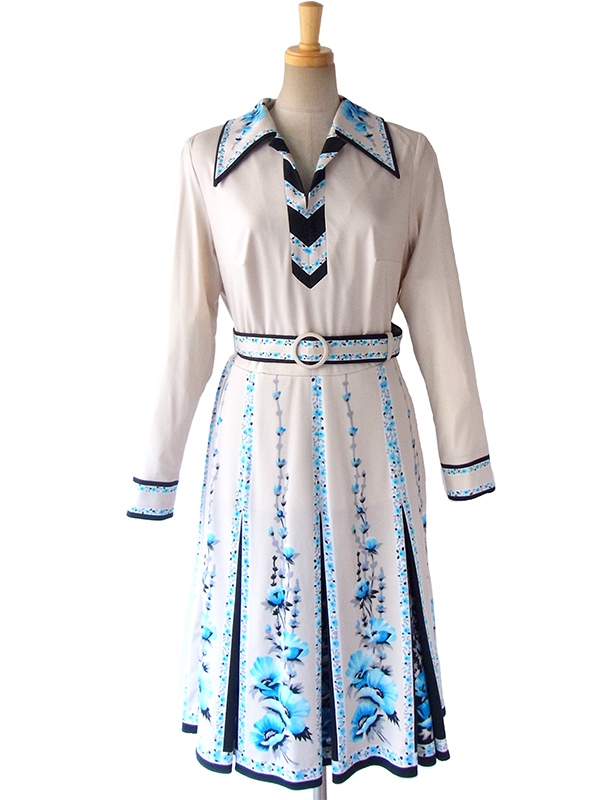 ヨーロッパ古着 ロンドン買い付け アイボリー X ブラック・ブルー 花柄プリント ベルト付き ヴィンテージ ワンピース 15BS405