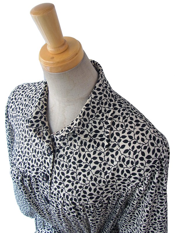 【送料無料】ロンドン買い付け 60年代製 ホワイト X ブラック リーフ柄 エレガント ワンピース 15BS406【ヨーロッパ古着】