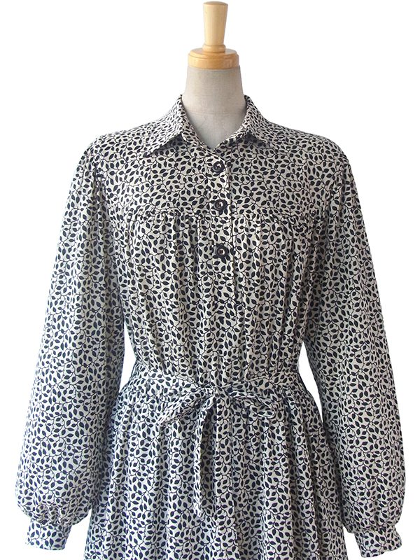 【送料無料】ロンドン買い付け 60年代製 ホワイト X ブラック リーフ柄 エレガント ワンピース 15BS406【ヨーロッパ古着】