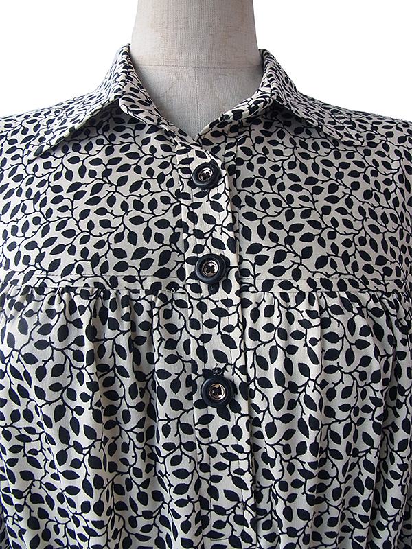 【送料無料】ロンドン買い付け 60年代製 ホワイト X ブラック リーフ柄 エレガント ワンピース 15BS406【ヨーロッパ古着】