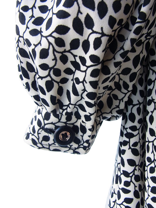 【送料無料】ロンドン買い付け 60年代製 ホワイト X ブラック リーフ柄 エレガント ワンピース 15BS406【ヨーロッパ古着】