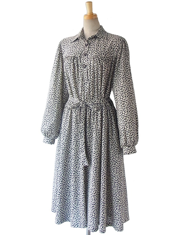 【送料無料】ロンドン買い付け 60年代製 ホワイト X ブラック リーフ柄 エレガント ワンピース 15BS406【ヨーロッパ古着】