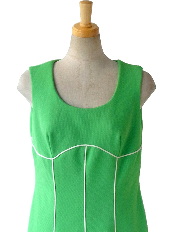 ヨーロッパ古着 ロンドン買い付け 60年代製 ライムグリーン X ホワイト パイピング ボックスプリーツ レトロ ワンピース 15BS409