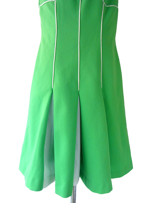 ヨーロッパ古着 ロンドン買い付け 60年代製 ライムグリーン X ホワイト パイピング ボックスプリーツ レトロ ワンピース 15BS409