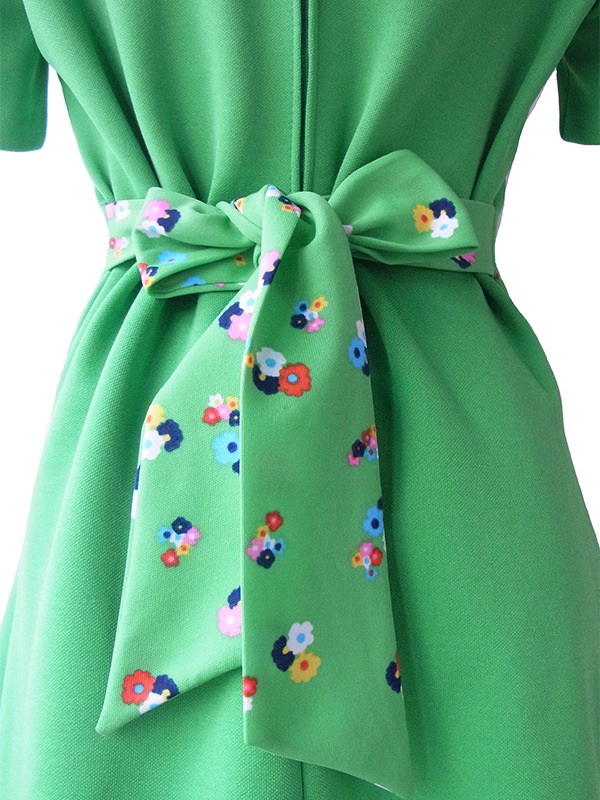 ヨーロッパ古着 ロンドン買い付け 60年代製 グリーン X 花柄生地切り返し レトロ ワンピース 15BS410