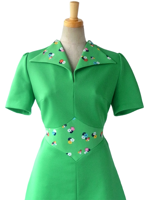 ヨーロッパ古着 ロンドン買い付け 60年代製 グリーン X 花柄生地切り返し レトロ ワンピース 15BS410