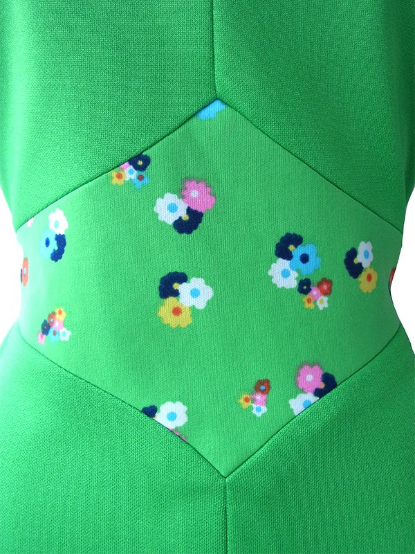 ヨーロッパ古着 ロンドン買い付け 60年代製 グリーン X 花柄生地切り返し レトロ ワンピース 15BS410