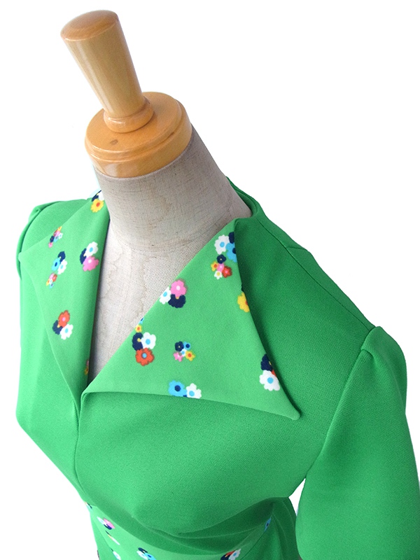 ヨーロッパ古着 ロンドン買い付け 60年代製 グリーン X 花柄生地切り返し レトロ ワンピース 15BS410