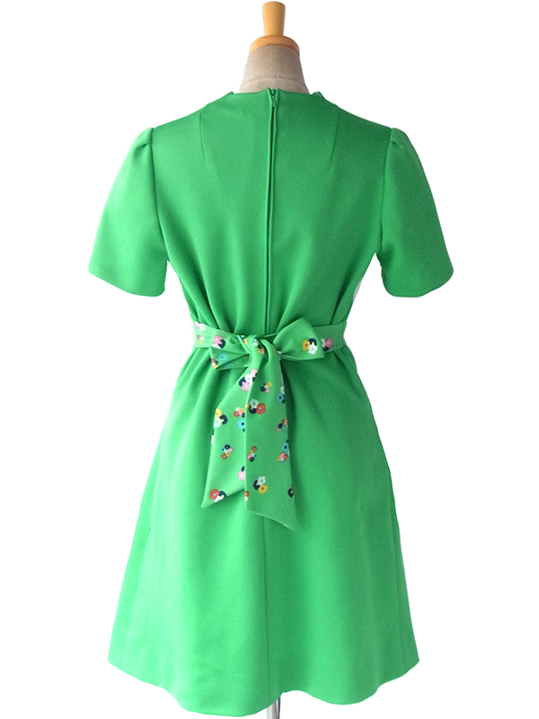 ヨーロッパ古着 ロンドン買い付け 60年代製 グリーン X 花柄生地切り返し レトロ ワンピース 15BS410