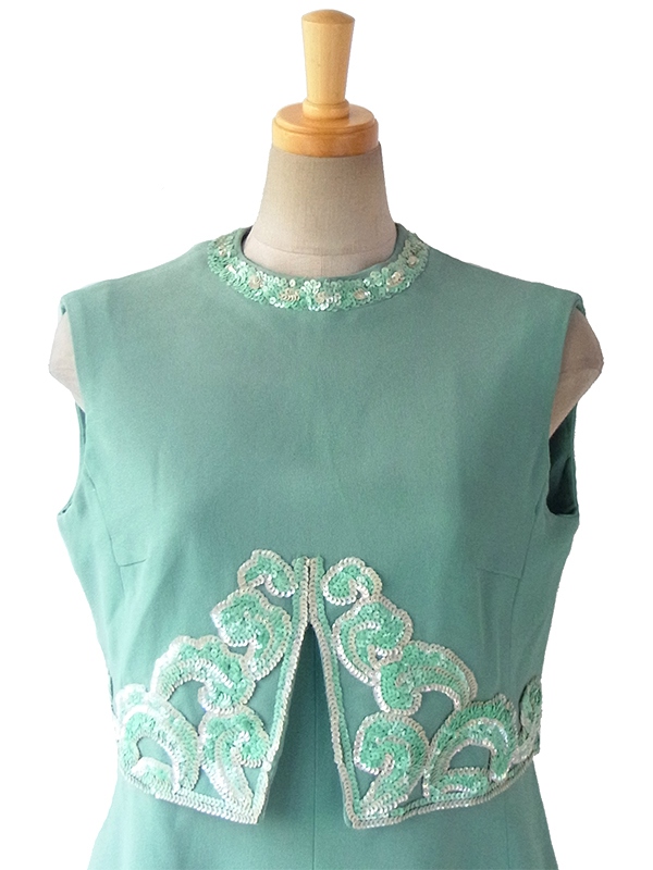 ヨーロッパ古着 ロンドン買い付け 60年代製 エメラルドグリーン スパンコール飾り 梨地ウール ワンピース 15BS411