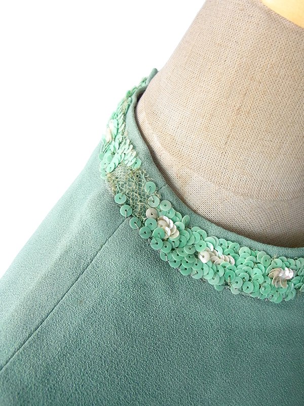 ヨーロッパ古着 ロンドン買い付け 60年代製 エメラルドグリーン スパンコール飾り 梨地ウール ワンピース 15BS411