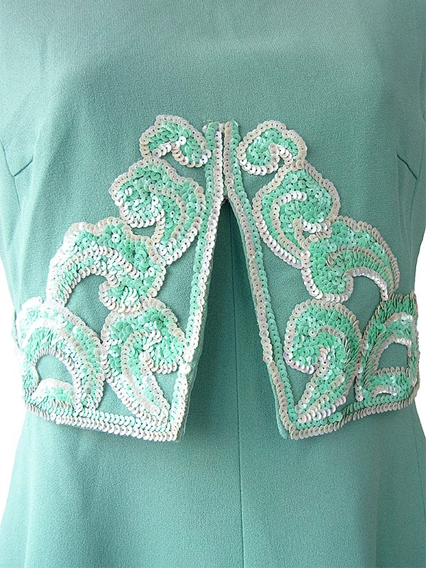 ヨーロッパ古着 ロンドン買い付け 60年代製 エメラルドグリーン スパンコール飾り 梨地ウール ワンピース 15BS411