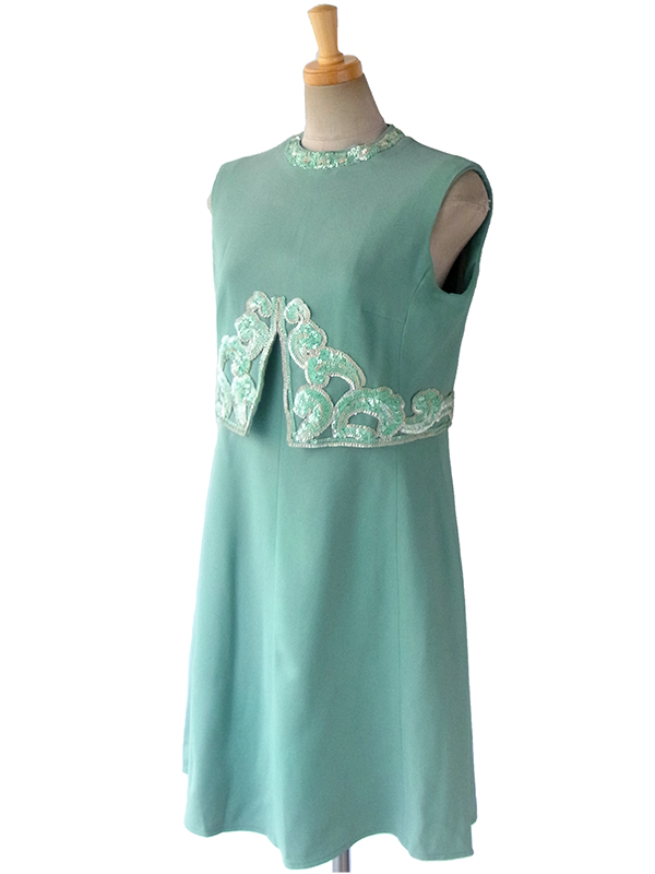 ヨーロッパ古着 ロンドン買い付け 60年代製 エメラルドグリーン スパンコール飾り 梨地ウール ワンピース 15BS411