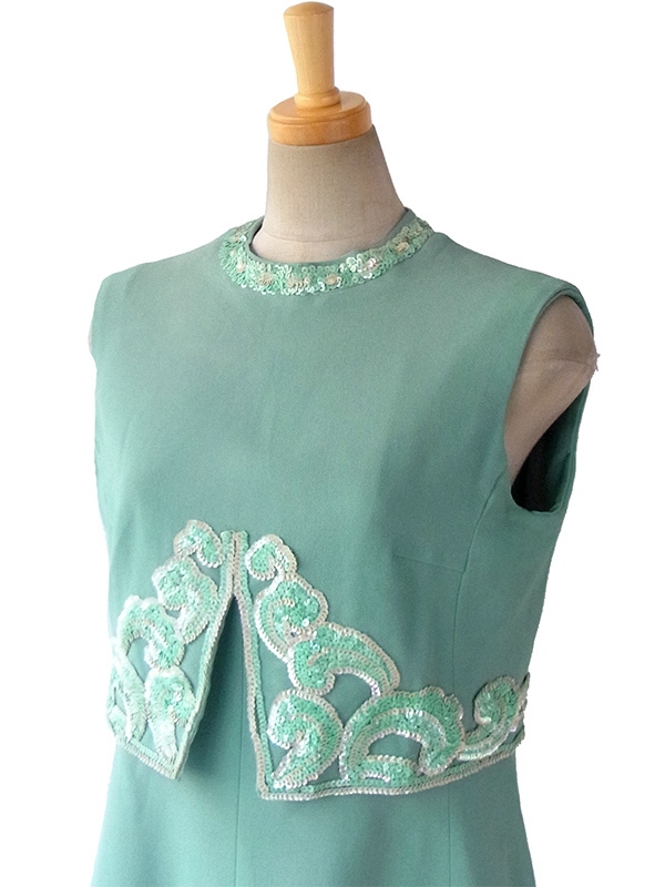 ヨーロッパ古着 ロンドン買い付け 60年代製 エメラルドグリーン スパンコール飾り 梨地ウール ワンピース 15BS411